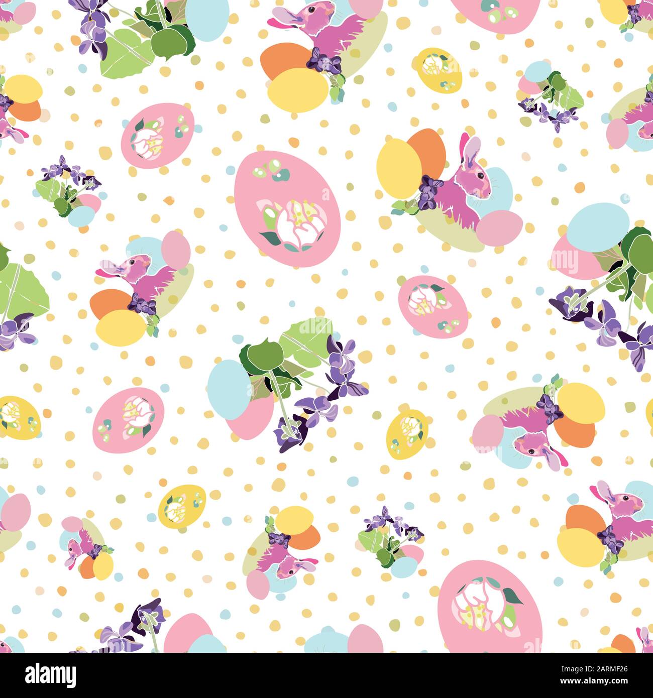 Fröhliche realistische Botanik osterwiederholungsmuster mit Kaninchen, osternest auf Pastellpunkt. Wunderschönes farbenfrohes Design für Ihre Familienveranstaltung. Hintergrund der Natur. Druck, Stoff, stationär. Stock Vektor