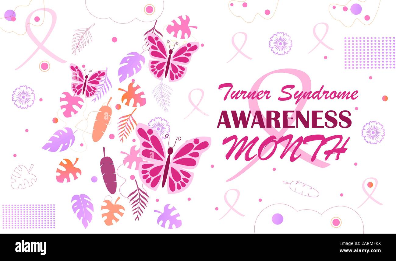Der Turner Syndrome Awareness Month wird im Februar gefeiert. Rosafarbene Schmetterlinge und fallende tropische bunte Blätter auf weißem Hintergrund. Crimson Band Stock Vektor