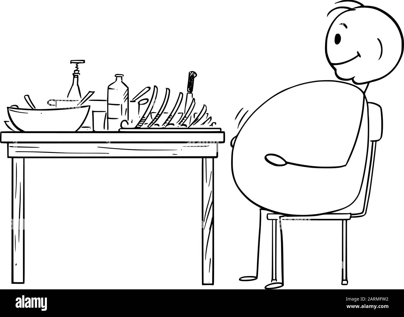 Vector Cartoon Stick Figure Zeichnung konzeptuelle Illustration von Fett oder übergewichtigen Mann sitzt zufrieden hinter dem Tisch nach dem Abendessen.Gesundes Lifestyle-Konzept. Stock Vektor