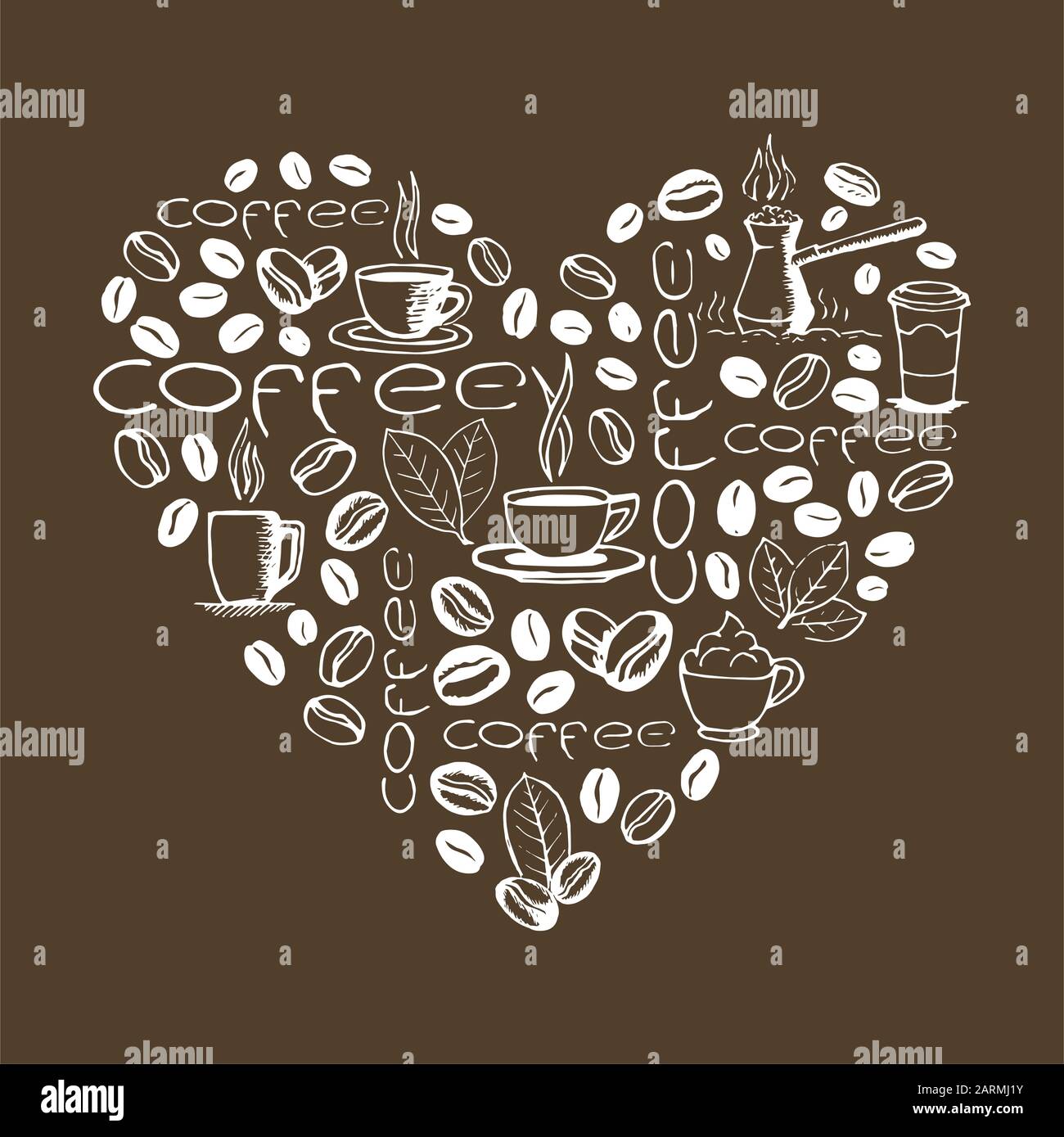 Herzform, gefüllt mit handgezeichneten Kaffeedrillen, isoliert auf braunem Hintergrund. Kaffeetasse, Zezve, Bohnen, Blätter Symbole und Beschriftung. Skizzenhafter Vektor e Stock Vektor