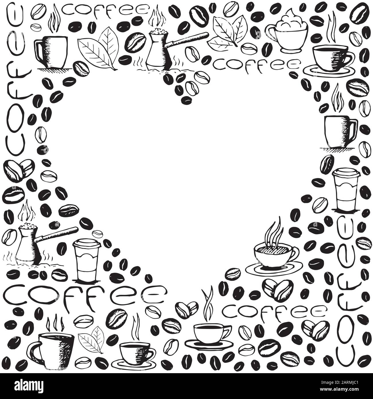 Kaffeesymbole im Hintergrund mit leerer Herzform im Inneren. Handgezeichnetes, skizzenhaftes Muster. Vektor eps8-Abbildung. Stock Vektor