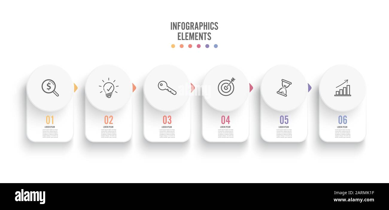 Abstrakte Elemente der Infografievorlage mit Beschriftung und integrierten Kreisen. Geschäftskonzept mit 6 Optionen. Inhalt, Diagramm, Flussdiagramm, Schritt Stock Vektor
