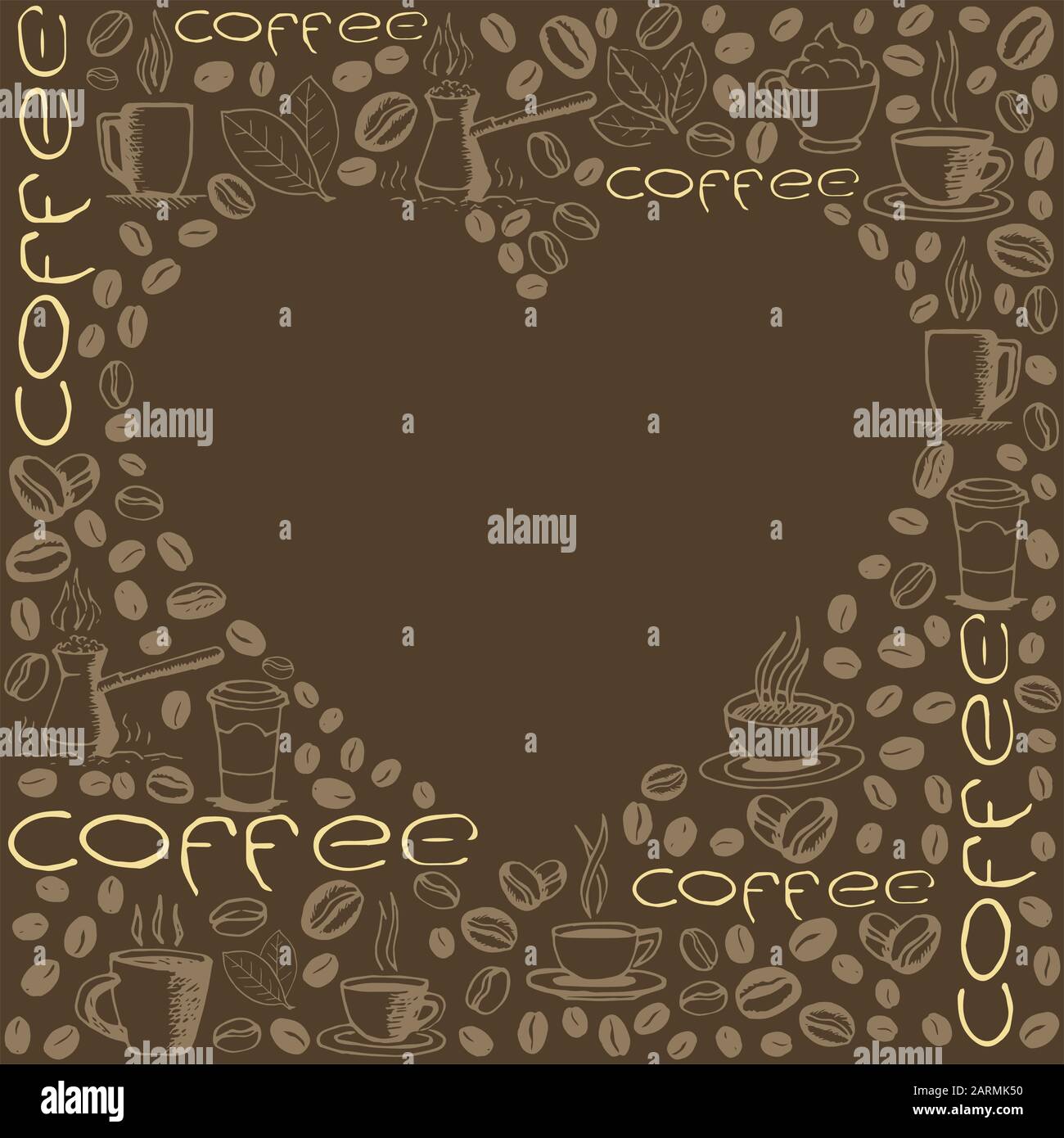 Kaffee dodelt im Hintergrund mit leerer Herzform. Handgezeichnetes, skizzenhaftes Symbolmuster. Vektor eps8-Abbildung. Stock Vektor