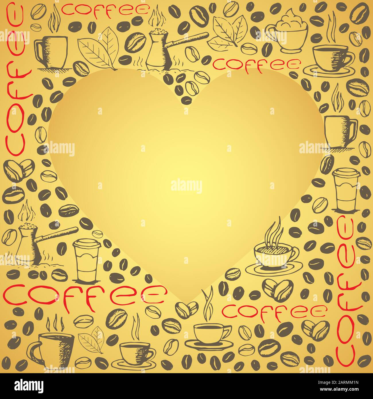 Kaffee dodelt im Hintergrund mit leerer Herzform. Handgezeichnetes, skizzenhaftes Symbolmuster. Vektor eps8-Abbildung. Stock Vektor