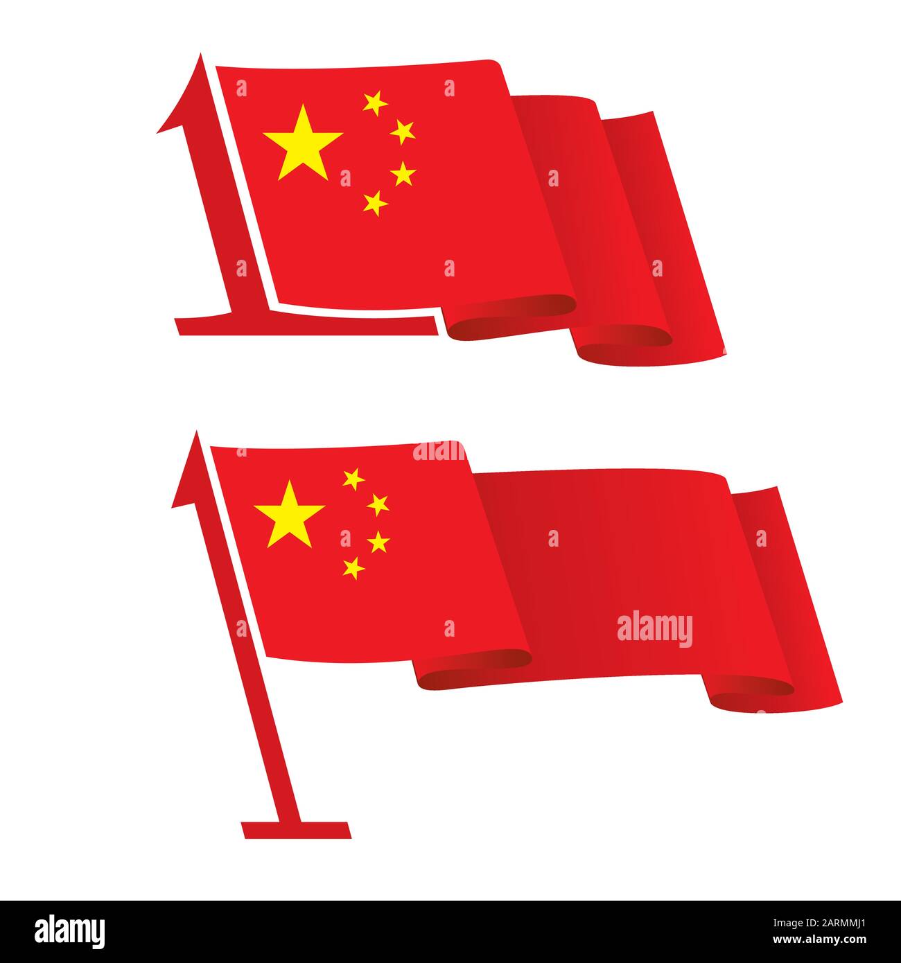 Design des chinesischen Nationaltags für Grußkarten. Flatternde chinesische Flagge auf Flagpole wie Datum des ersten oktober. Konzept des Unabhängigkeitstages. Vektor eps8 Abb. Stock Vektor