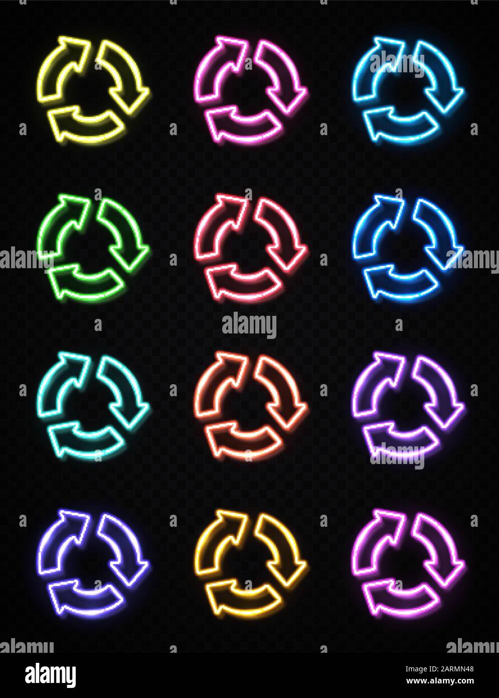 Symbol für Pfeilkreis festgelegt. 3D-Farb-Neon-Schilder auf dunkeltransparentem Hintergrund. Leuchtende Anzeige für die RELOAD-Rotationsschleife aktualisieren. Elektrische Lampentechnologie outli Stock Vektor