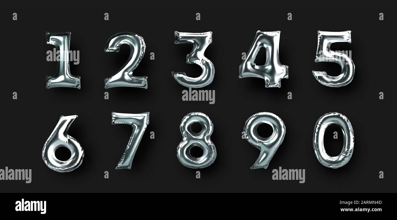 Silber 3D Foil Ballonnummern-Sammlung auf isoliertem Hintergrund, elegante Metallballons für den Geschäftsverkauf, Geburtstagsjahr oder besondere Eventdaten des Stock Vektor