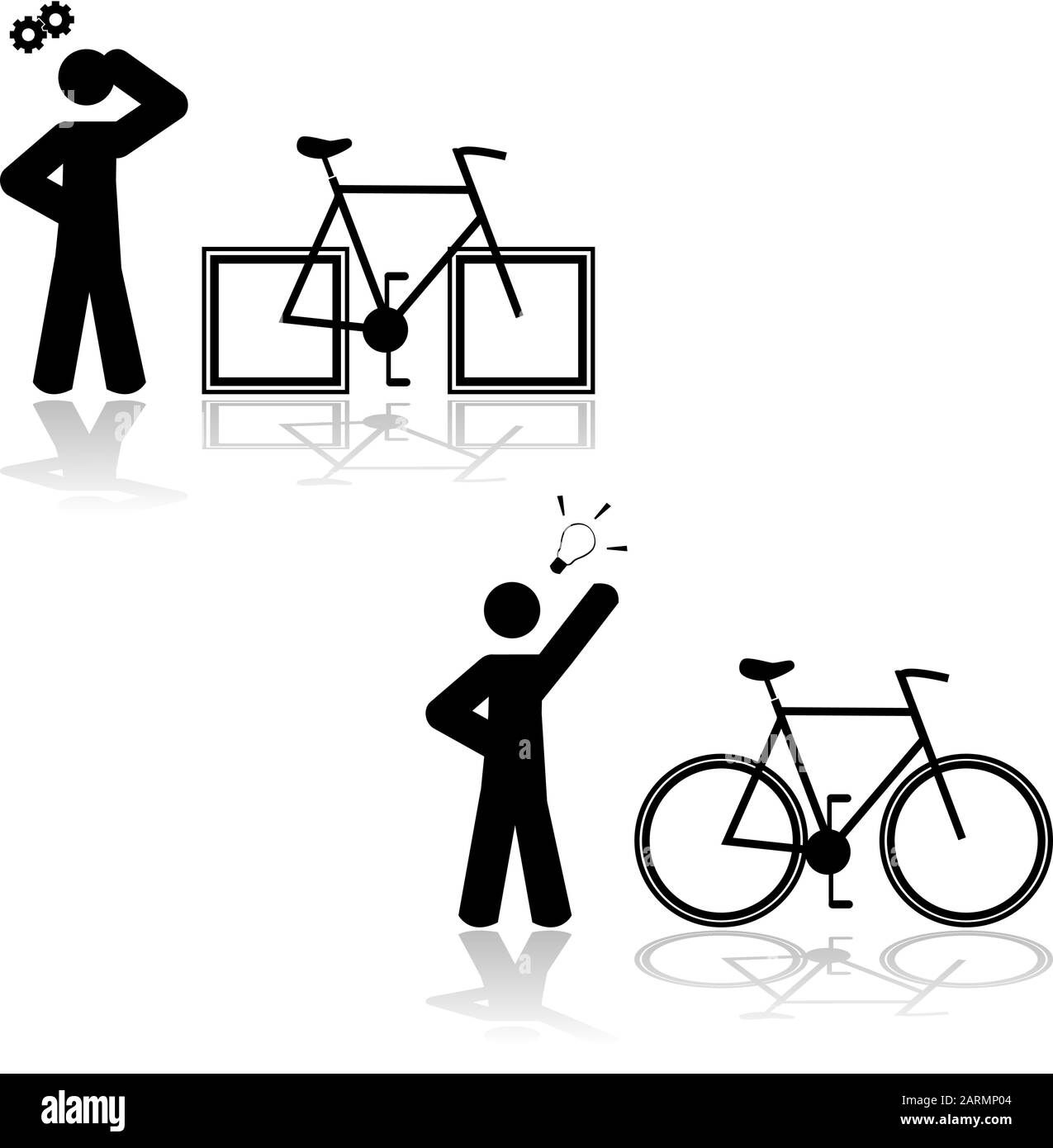 Konzeptdarstellung, bei der jemand ein Problem mit einem Fahrrad hat, das Vierkanträder hat, und dann herauszufinden, dass es mit runden Rädern gelöst ist Stock Vektor
