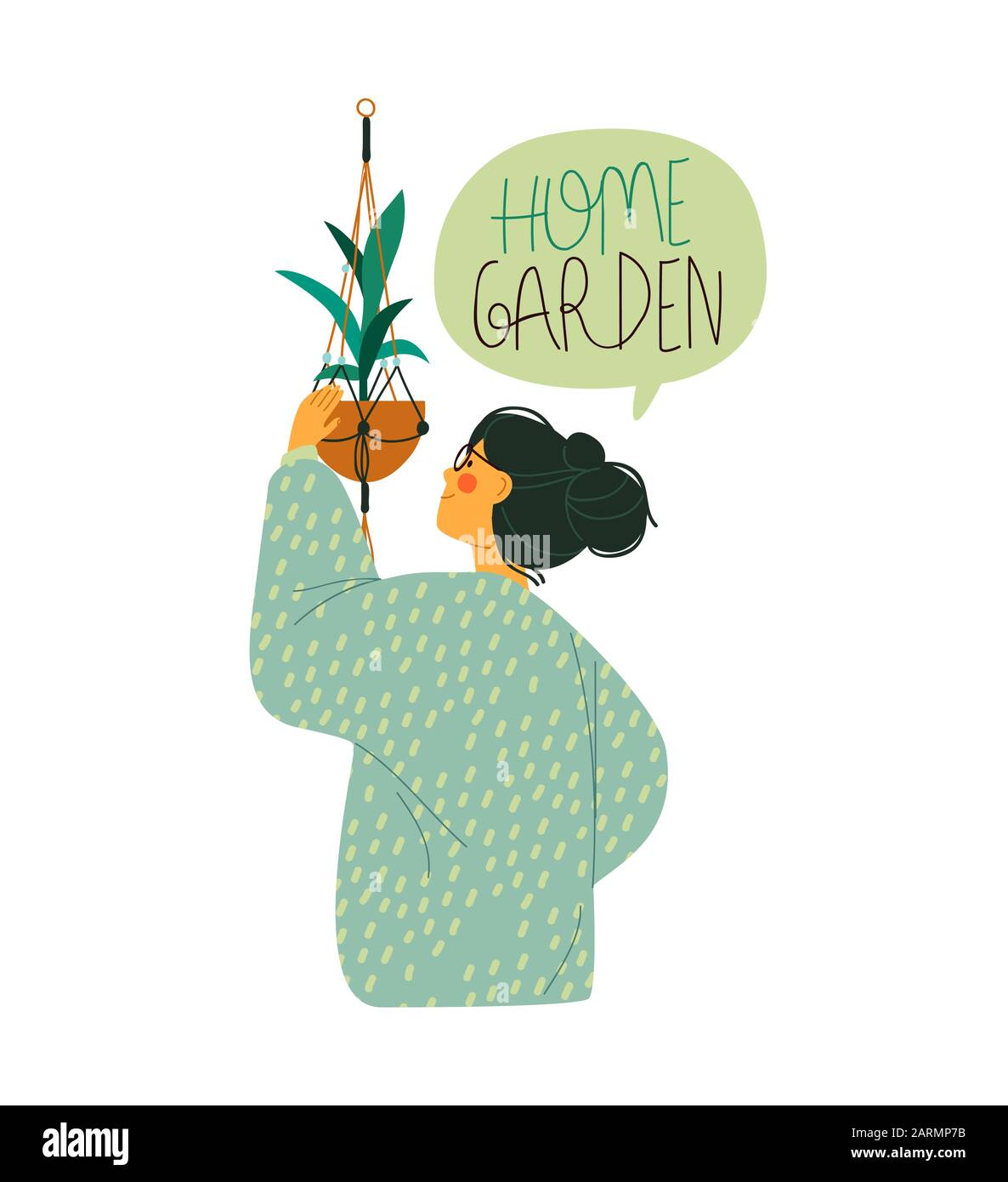 Junge Frau kümmert sich um Hausgartenanlage auf isoliertem weißem Hintergrund. Moderne flache Cartoon-Illustration für Innenraum-Gartenbaukonzept. Stock Vektor