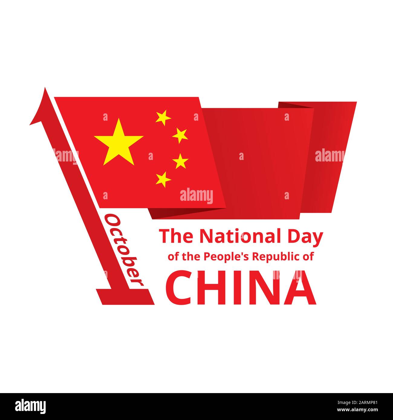 Design des chinesischen Nationaltags für Grußkarten. Flatternde chinesische Flagge auf Flagpole wie Datum des ersten oktober. Konzept des Unabhängigkeitstages. Vektor eps8 Abb. Stock Vektor
