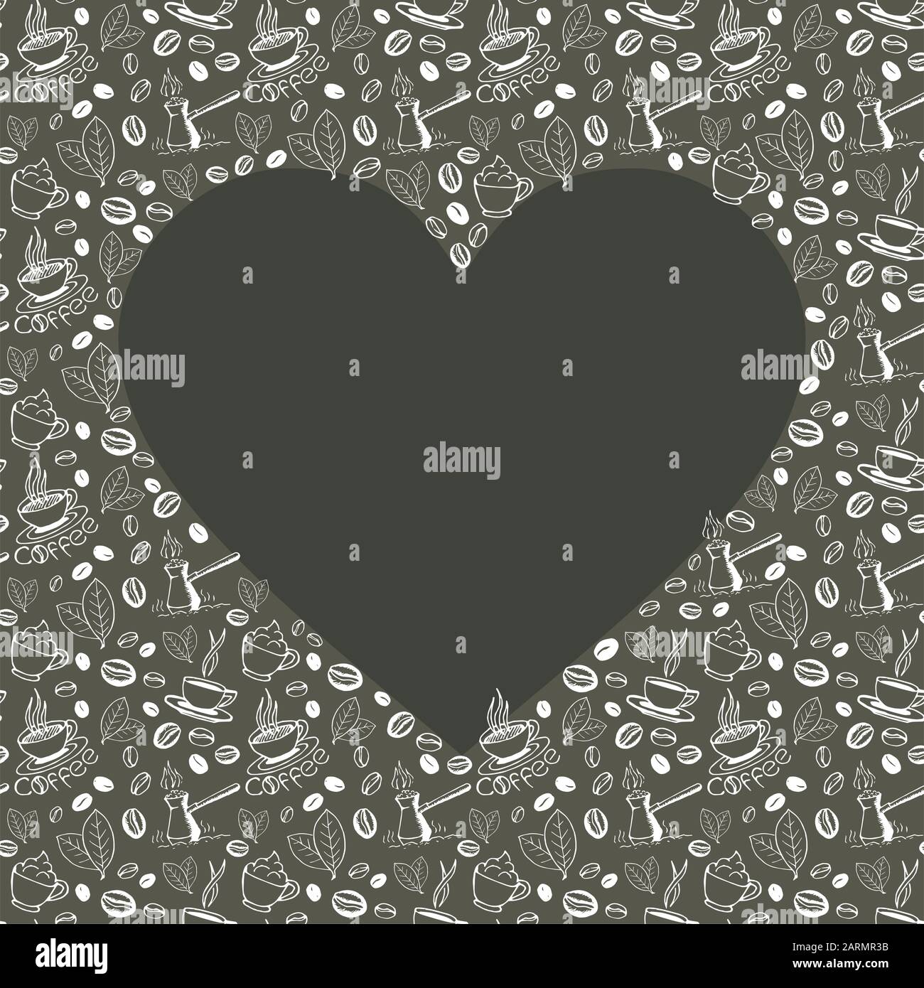 Kaffee dodelt im Hintergrund mit leerer Herzform. Handgezeichnetes, skizzenhaftes Symbolmuster. Vektor eps8-Abbildung. Stock Vektor