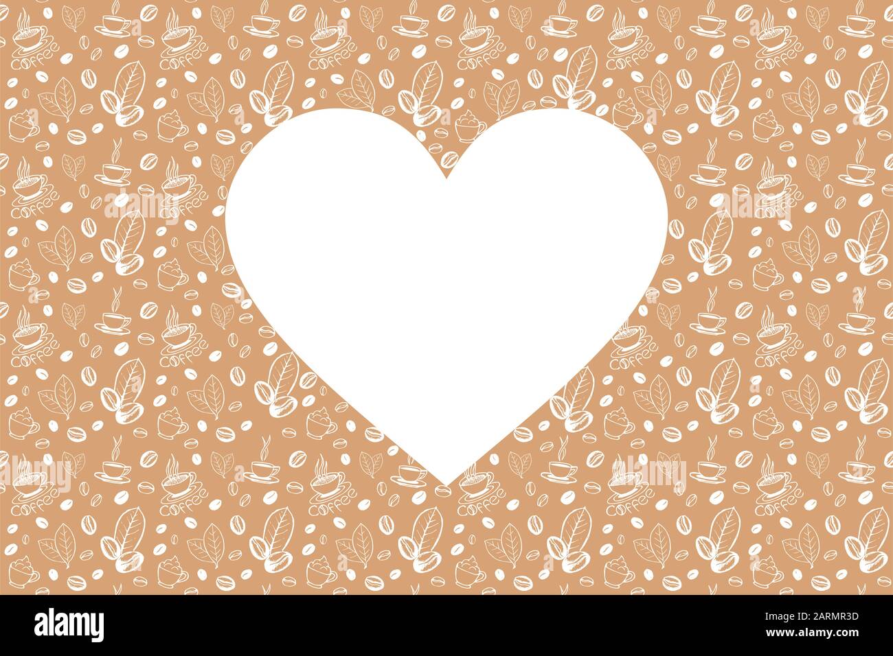 Kaffee dodelt im Hintergrund mit leerer Herzform. Handgezeichnetes, skizzenhaftes Symbolmuster. Vektor eps8-Abbildung. Stock Vektor