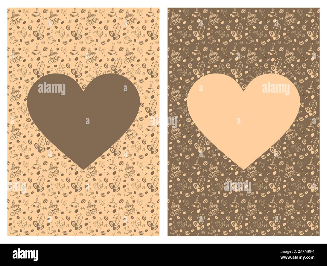 Kaffee dodelt im Hintergrund mit leerer Herzform. Handgezeichnetes, skizzenhaftes Symbolmuster. Vektor eps8-Abbildung. Stock Vektor