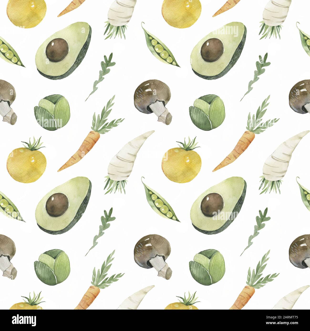 Wasserfarben-Pflanzenmuster auf weißem Hintergrund. Gesunde Lebensmittel nahtlose Illustration. Stockfoto
