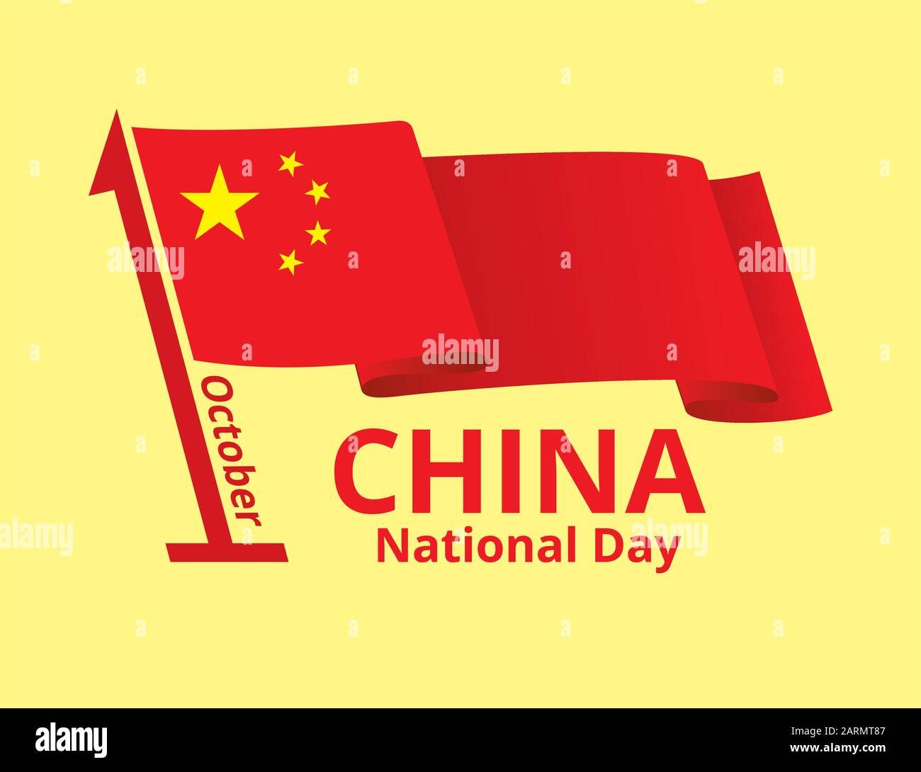 Design des chinesischen Nationaltags für Grußkarten. Flatternde chinesische Flagge auf Flagpole wie Datum des ersten oktober. Konzept des Unabhängigkeitstages. Vektor eps8 Abb. Stock Vektor