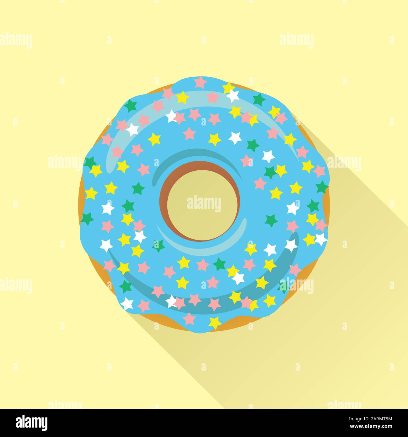Symbol für einen flachen Donut. Süße Zuckerguss in der Glasur mit bestreutem Überstich bunter Sterne auf blauer Creme. Isolierte eps8-Vektorgrafiken. Stock Vektor