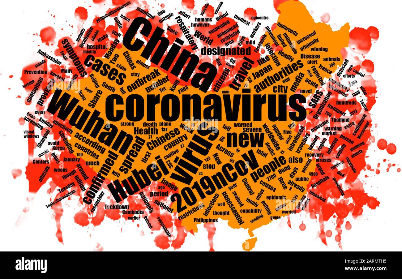 Pandemiekonzept Wuhan Coronavirus in Word Tag Cloud auf China Karte mit blutroten Spritzern Hintergrund. Coronavirus 2019-nCoV-Ausbruch. Stockfoto