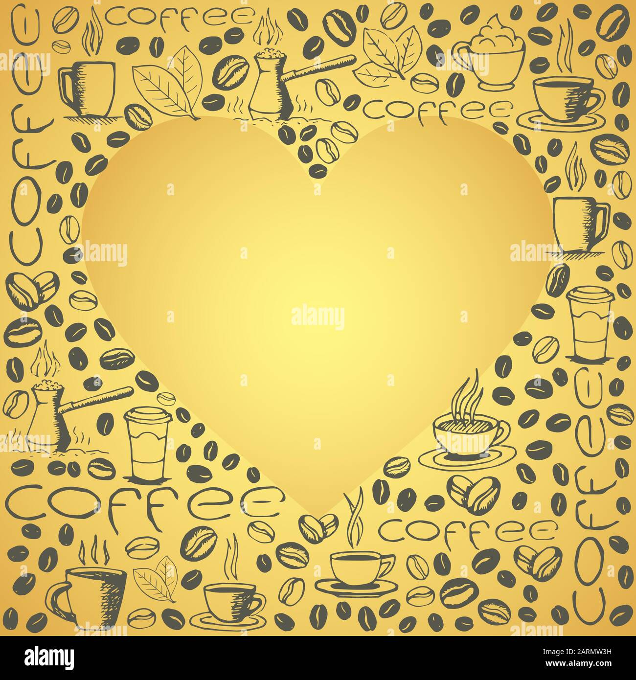 Kaffee dodelt im Hintergrund mit leerer Herzform. Handgezeichnetes, skizzenhaftes Symbolmuster. Vektor eps8-Abbildung. Stock Vektor
