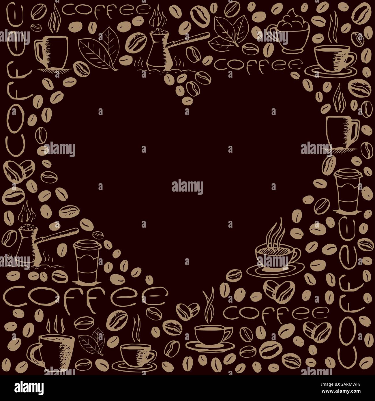 Kaffeesymbole im Hintergrund mit leerer Herzform im Inneren. Handgezeichnetes, skizzenhaftes Muster. Vektor eps8-Abbildung. Stock Vektor