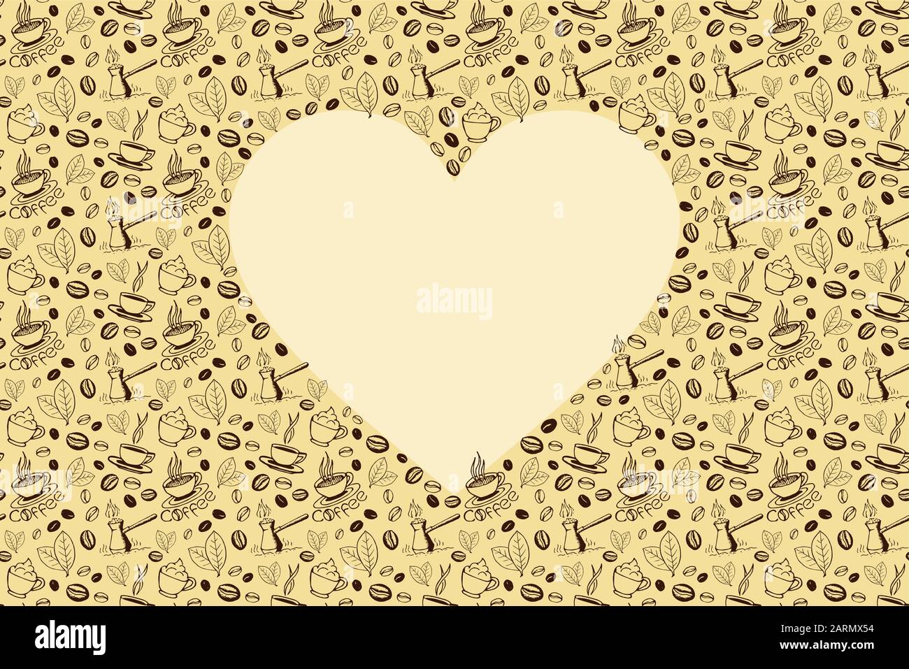 Kaffee dodelt im Hintergrund mit leerer Herzform. Handgezeichnetes, skizzenhaftes Symbolmuster. Vektor eps8-Abbildung. Stock Vektor