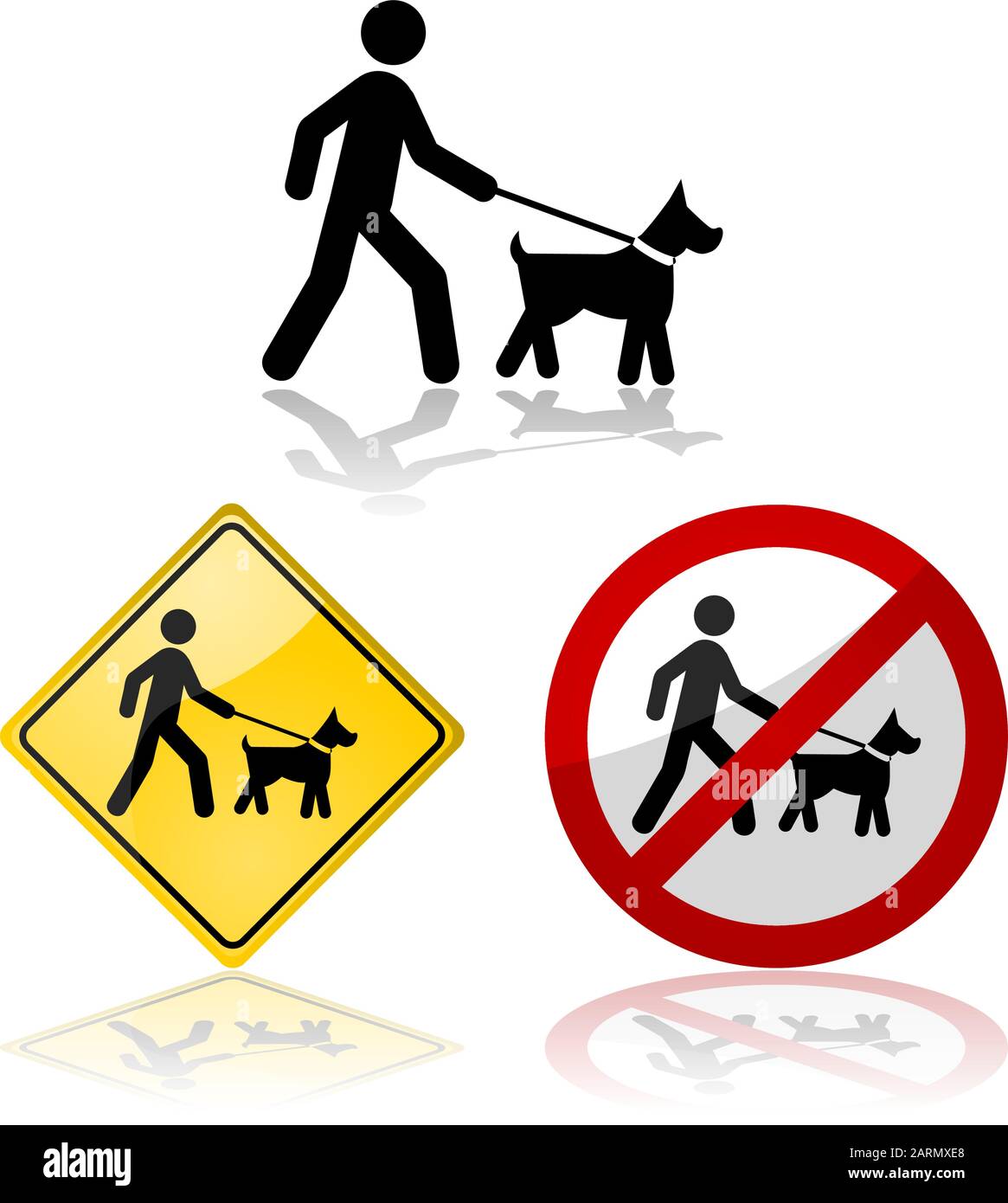 Symbolsatz, der eine Person zeigt, die einen Hund an der Leine spazieren geht Stock Vektor