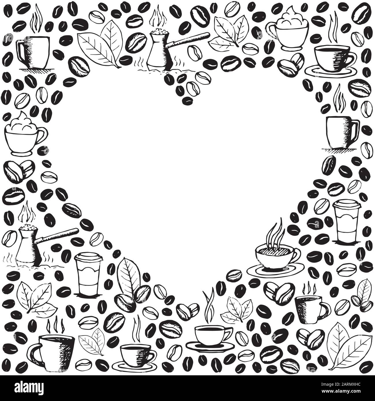 Kaffeesymbole im Hintergrund mit leerer Herzform im Inneren. Handgezeichnetes, skizzenhaftes Muster. Vektor eps8-Abbildung. Stock Vektor