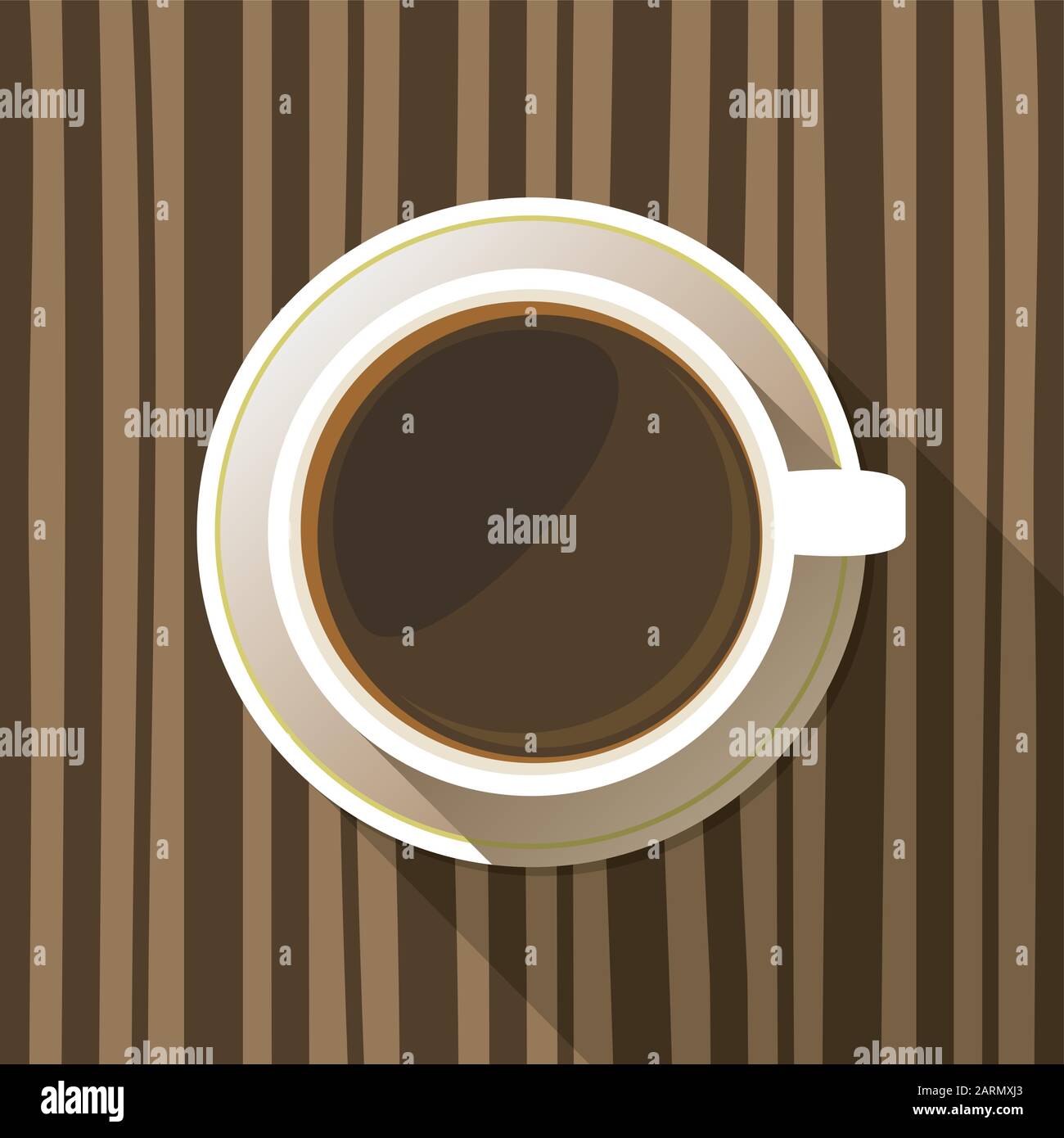 Kaffeetasse auf einer Untertasse mit flacher Ikone, Draufsicht. Weißer Becher voller Kaffee auf gestreiftem Hintergrund. Vector eps10-Abbildung. Stock Vektor