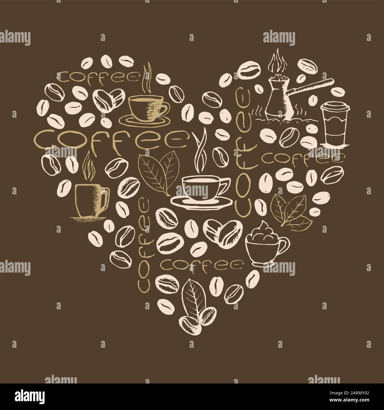 Herzform gefüllt mit von Hand gezeichneten Kaffeekritzeln isoliert auf braunem Hintergrund. Kaffeetasse, Cezve, Bohnen, Blätter Symbole und Schriftzüge. Skizzener Vektor Stock Vektor