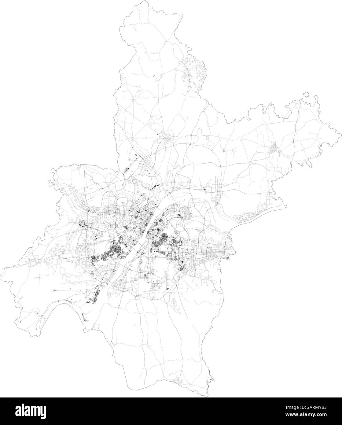 Satellitenkarte von Wuhan, Jiang an District, Hubei, China Städte und Straßen, Gebäude und Verbindungsstraßen. Karte. Coronavirus Stock Vektor