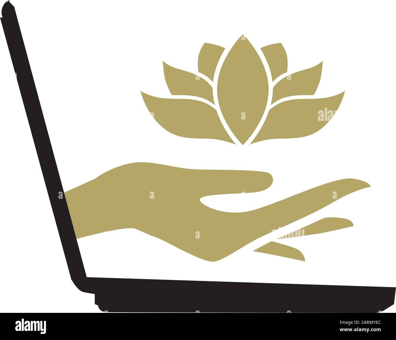 Laptop, goldene Hand und lotusblume Stock Vektor
