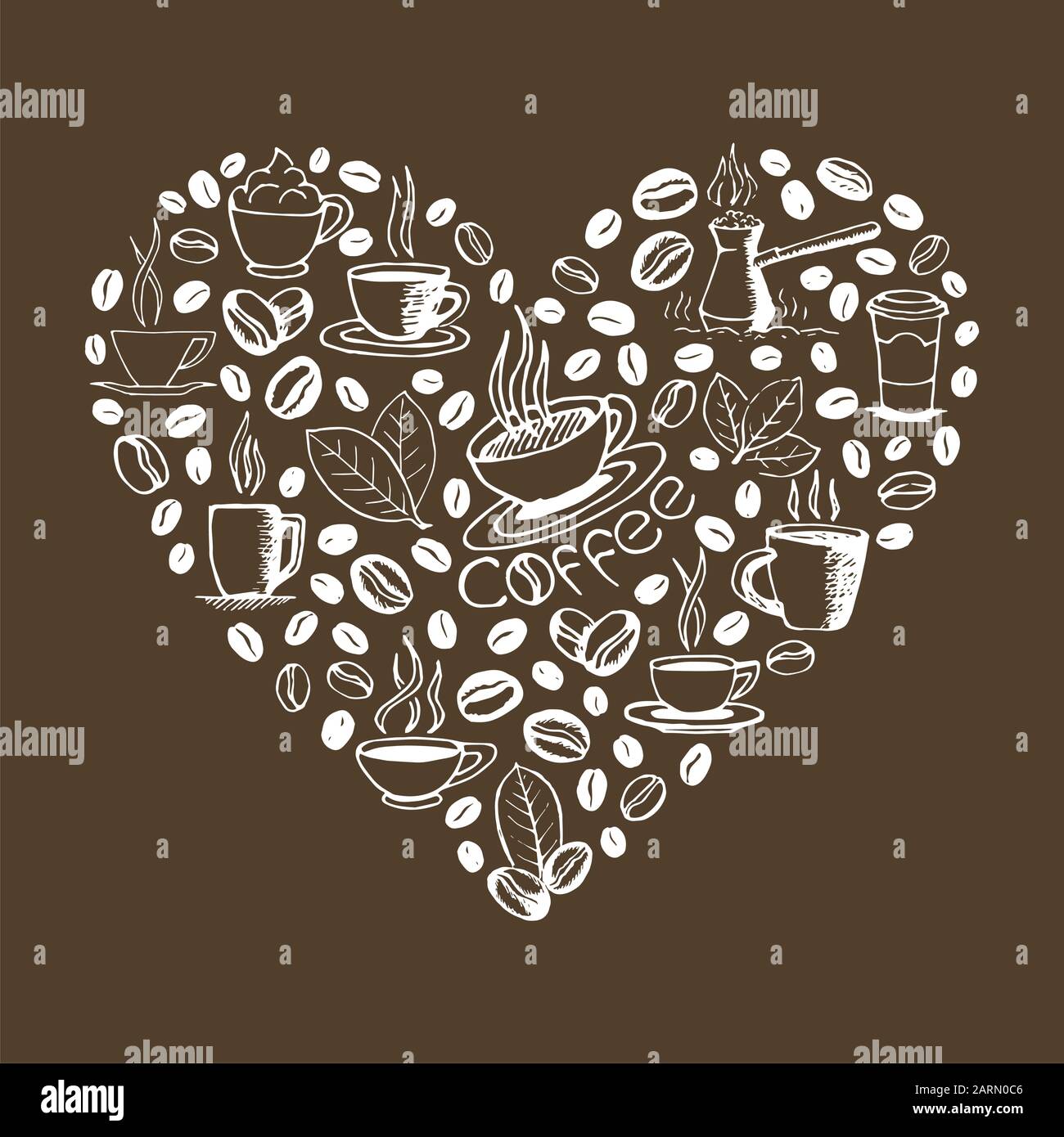 Herzform gefüllt mit von Hand gezeichneten Kaffeekritzeln isoliert auf braunem Hintergrund. Kaffeetasse, Cezve, Bohnen und Blätter Symbole. Skizzener Vektor eps8 Stock Vektor