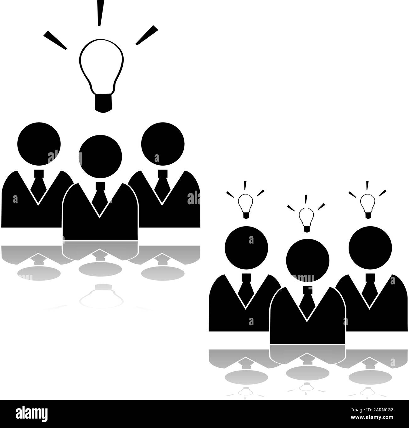Icon-Set zeigt ein Team von Geschäftsleuten, die eine Idee oder drei separate haben Stock Vektor