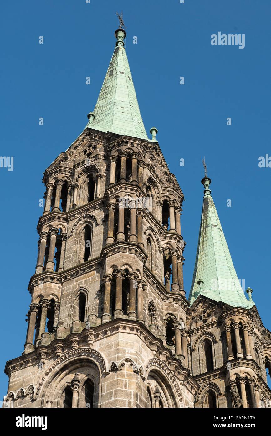 Bamberg, 14. Juli 2019; Türme des Bamberger Doms eine der berühmtesten Kathedalen Deutschlands, die auch Kaiserdom genannt wird Stockfoto