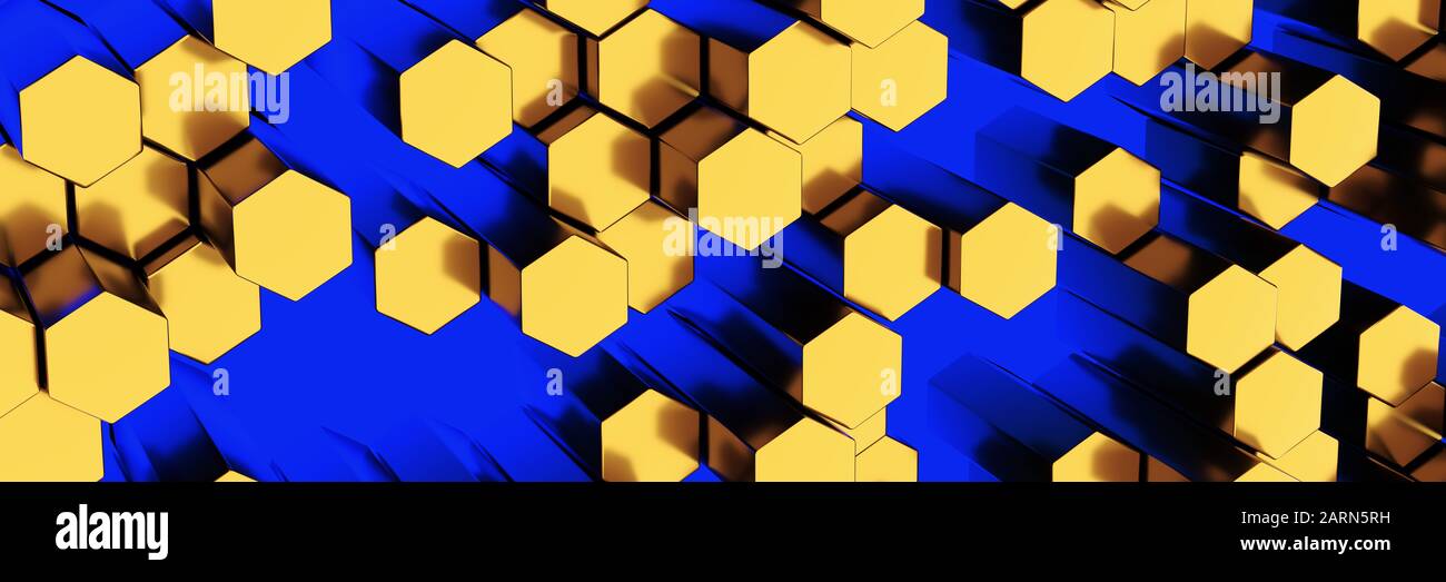 Goldene Wabenwand. Chaotische Cubes Wandpanorama Hintergrund. 3D-Rendering Stockfoto