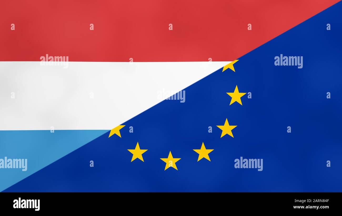 Luxemburger und Europa teilten sich die Flagge. Brexit Konzept des Ausscheidens der Europäischen Union durch Luxemburg. Stockfoto