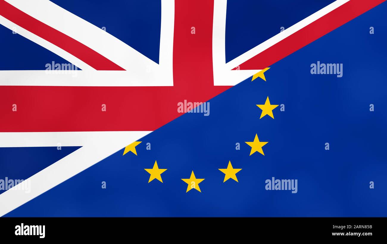 Britische und europäische Split-Flagge. Brexit Konzept des Ausscheides Vereinigten Königreichs aus der Europäischen Union. Stockfoto