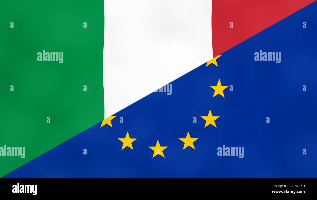 Italienische und europäische Split-Flagge. Brexit Konzept des Ausscheidens Italiens aus der Europäischen Union. Stockfoto