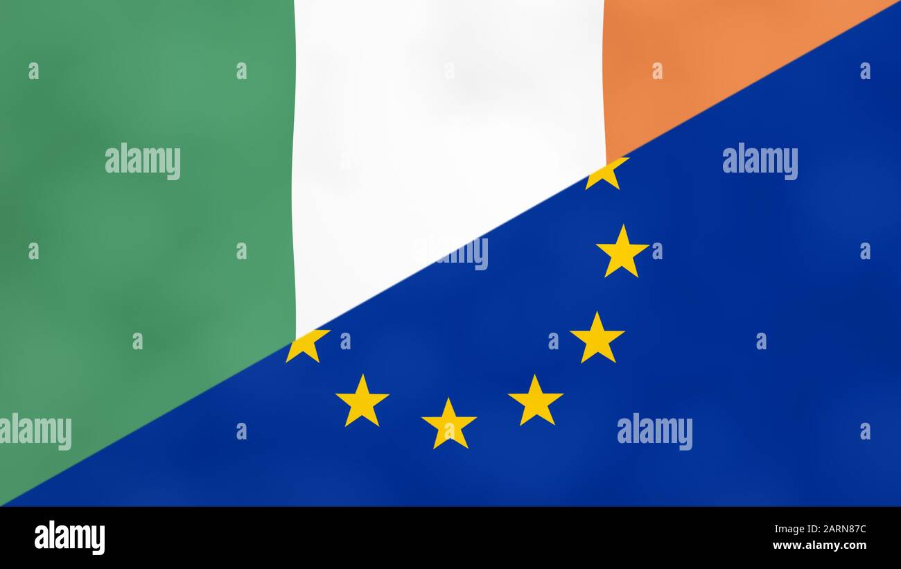Die Flagge Irlands und Europas ist gespalten. Brexit Konzept des Ausscheidens Irlands aus der Europäischen Union. Stockfoto