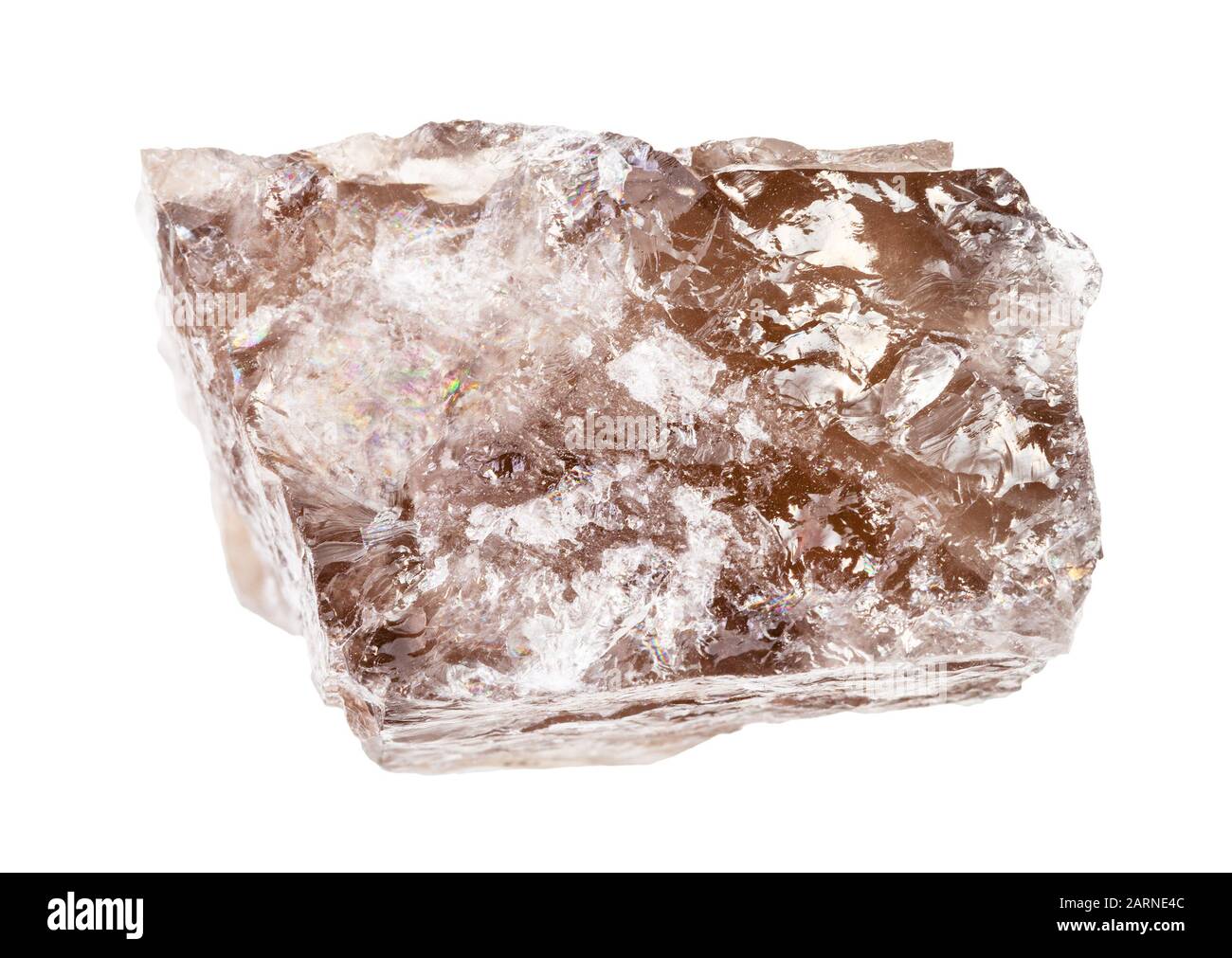 Nahaufnahme der natürlichen Mineralprobe aus der geologischen Sammlung - rauchiges, auf weißem Grund isoliertes Quarzgestein Stockfoto