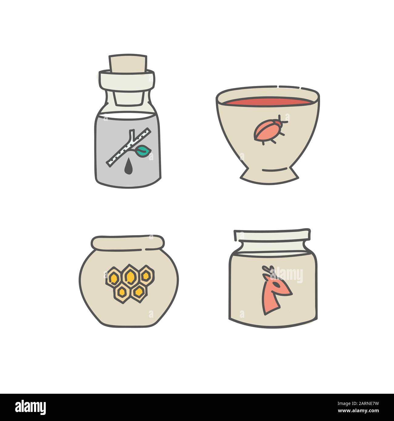 Natürliche organische Produkte Behälter Glas Flasche Glas Schüssel und Topf Set von doodles Umrisse lineare Symbole Sammlung von Zutaten fett Honig birch sap Co Stock Vektor