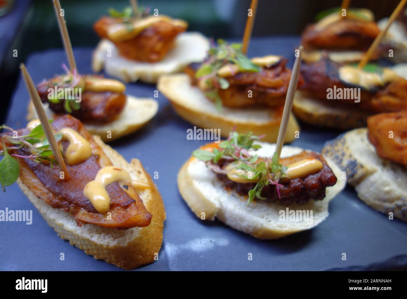 Kleine Octopus-Vorspeise/Snack "Panish Tapas" auf Geschnittenem Weißbrot im Buffet im Azul Beach Resort Hotel, Puerto Morelos, Cancun, Mexiko. Stockfoto