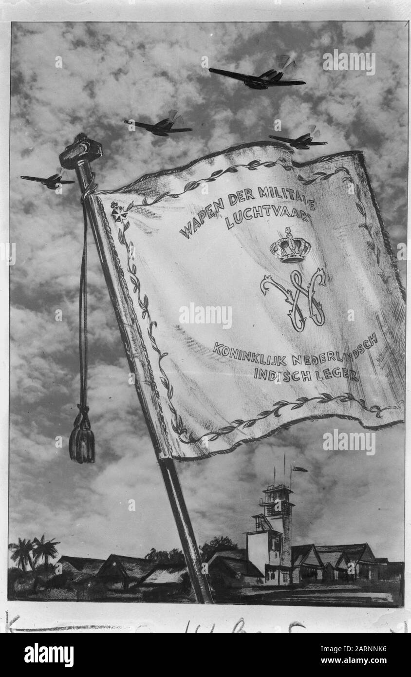 Zeichnung des Banners des Waffenwappens der Militärischen Luftfahrt der KNIL, mit im Hintergrund einem Flugplatz und Flugzeugen im Luftverkehr Datum: 1947/01/01 Ort: Indonesien, Niederländische Ostindien Stockfoto