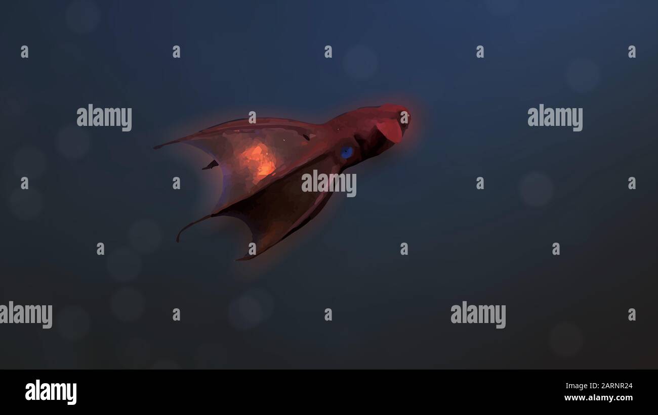 Vampire Squid Tier in realistischer Illustration Charakter auf dem verschwommenen Hintergrund wie im Ozean fokussiert. Stockfoto