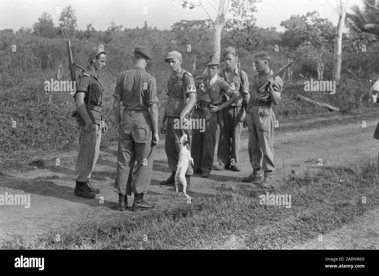 Aufzeichnungen über den Grenzverkehr Tinggi Hari. Eine Patrouille kehrt zurück. Der Kommandeur der Abteilung Tinggi Hari, 2. Leutnant P.J.C. van Leuvenstein aus den Helder, hört auf die Erlebnisse und Eindrücke dieser Reise. Währenddessen grüßt der kleine Hund Tommy seinen Chef Sergeant Oos Smits aus Zuilen. Die Patrouille besteht auch aus dem Soldaten 1e Klasse Jenne Fontijn aus Amsterdam, dem Soldaten 1. Klasse Koen Kort aus Dordrecht und den Soldaten Wim Jansen aus Arnhem und Antoon Leudenkamp aus Weerselo Datum: 29. Juli 1948 Ort: Indonesien, Java, Niederländische Ostindien, Tinggi Hari Stockfoto