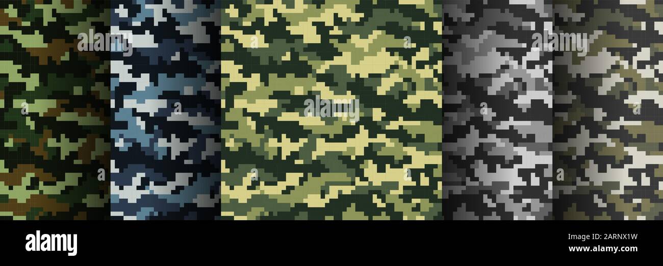 Fünf verschiedene Farben nahtlose digitale Tarnung Militärmuster für Hintergrund, Kleidung, Textilkleidung, Tapete. Vektorgrafiken. Stock Vektor