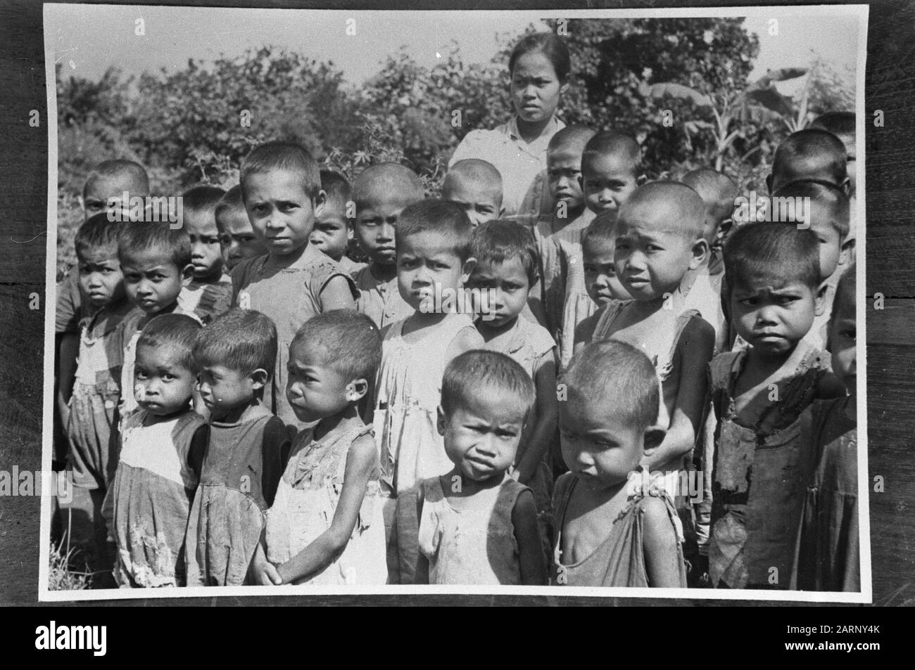 Magelang In Magelang wurde am Eingang der niederländischen Truppen vom bekannten Bildungsinstitut Pa van der Seur. De Orange Nassaus in Richtung Magelang eine Reihe von Kindern gefunden. Die Kinder waren in schlechter Verfassung. Sie sehen ziemlich gut aus, leiden aber tatsächlich sehr stark unter Unterernährung. Anmerkung: Datum des erneuten Pronegativs: 22. Dezember 1948 Ort: Indonesien, Java, Magelang, Niederländische Ostindien Stockfoto