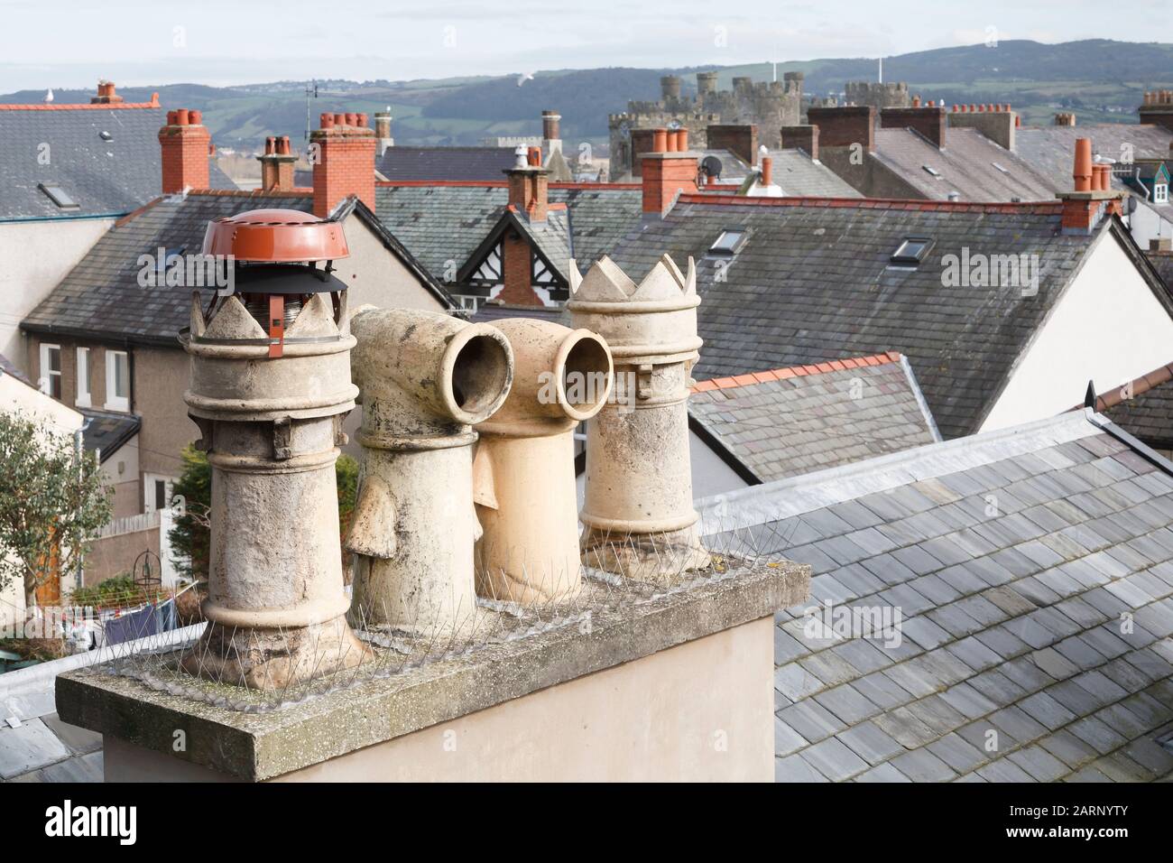 Kamintöpfe und Dächer in einer typischen walisischen Stadt in Großbritannien. Mit kunstvollen viktorianischen Cowls. Conwy, Wales Stockfoto