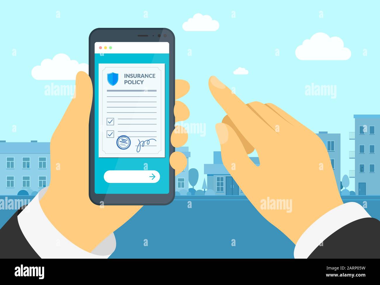 Mann Hand hält Smartphone mit Versicherungspolice Formular. Online unterzeichnet Vertrag Schutzdokument auf mobilen Bildschirm. Machen Sie Deal Compensation Claim Rechtsvektor Vertrag Illustration Stock Vektor