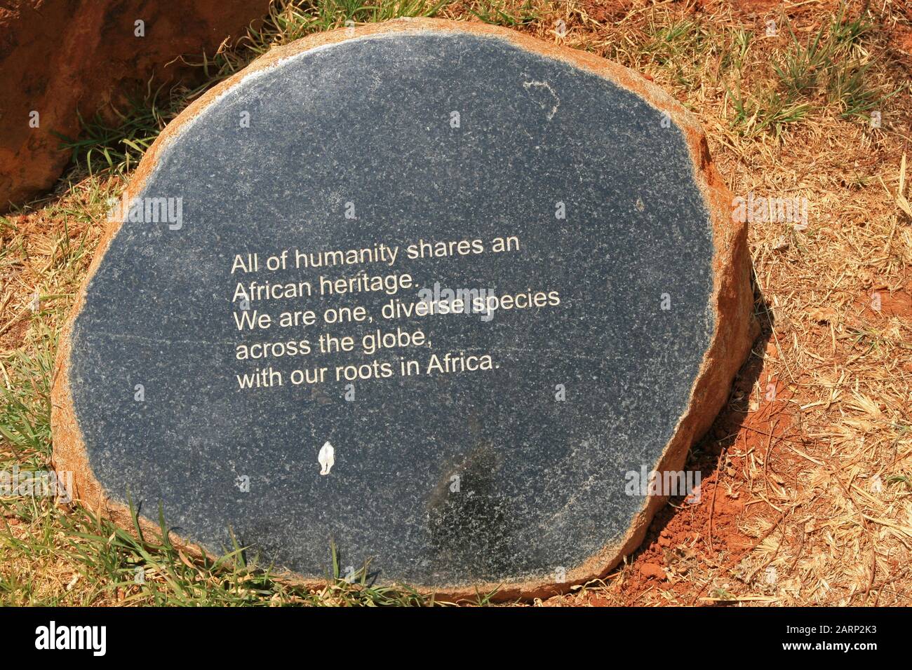 Rock mit Gedruckter Schrift, die uns erklärt, dass wir alle in Afrika verwurzelt sind, Vordereingang Die Wiege der Menschheit, Maropeng, Gauteng, Südafrika. Stockfoto