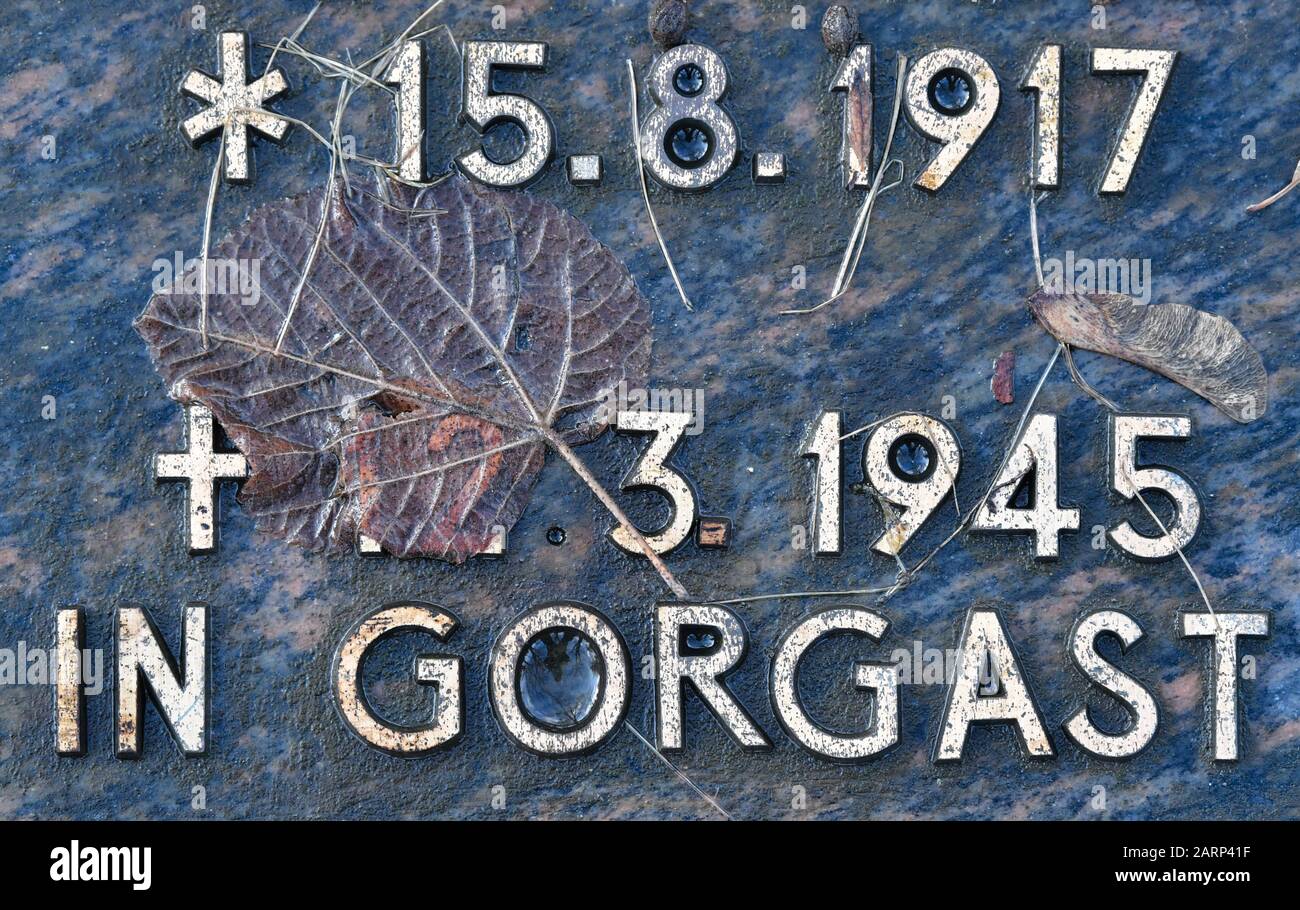 29. Januar 2020, Brandenburg, Seelow: Ein Gedenkstein mit dem Geburtsdatum und Sterbedatum eines deutschen Soldaten aus dem Zweiten Weltkrieg "15.8.1917 - 12.3.1945 in Gorgast" ist auf dem städtischen Friedhof zu sehen. Dieser Friedhof ist die Ruhestätte von 649 deutschen Soldaten, die zwischen Januar und April 1945 bei den Kämpfen um die Seelower Höhen ums Leben kamen. Kurz vor Ende des Zweiten Weltkriegs starben in der Schlacht auf den Seelower Höhen östlich von Berlin Zehntausende Soldaten und Zivilisten in der größten Schlacht des Zweiten Weltkriegs auf deutschem Boden. Foto: Patrick Pleul / dpa-Zentralbild / ZB Stockfoto